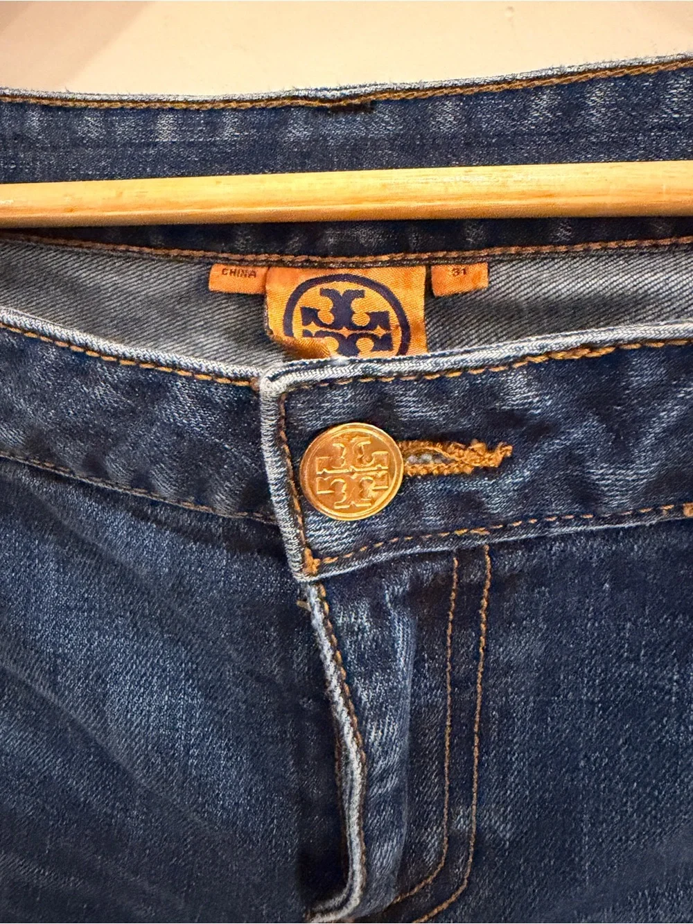 Tory Burch Super Skinny Jeans in Dark and Light Blue with Gold Stitching